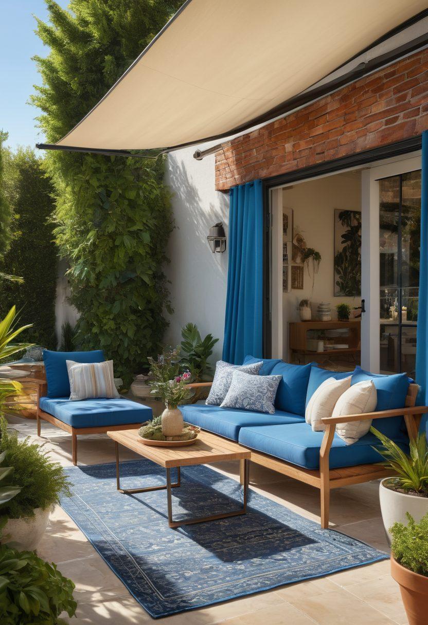 A beautifully designed outdoor patio showcasing a variety of stylish awnings and canopies, with vibrant plants and comfortable seating arrangements. The sunlight casts playful shadows on the ground, highlighting the textures of the fabrics. Include elements of a calming outdoor scene, like a gentle breeze rustling through leaves and a serene garden view in the background. super-realistic. vibrant colors. bright blue sky.