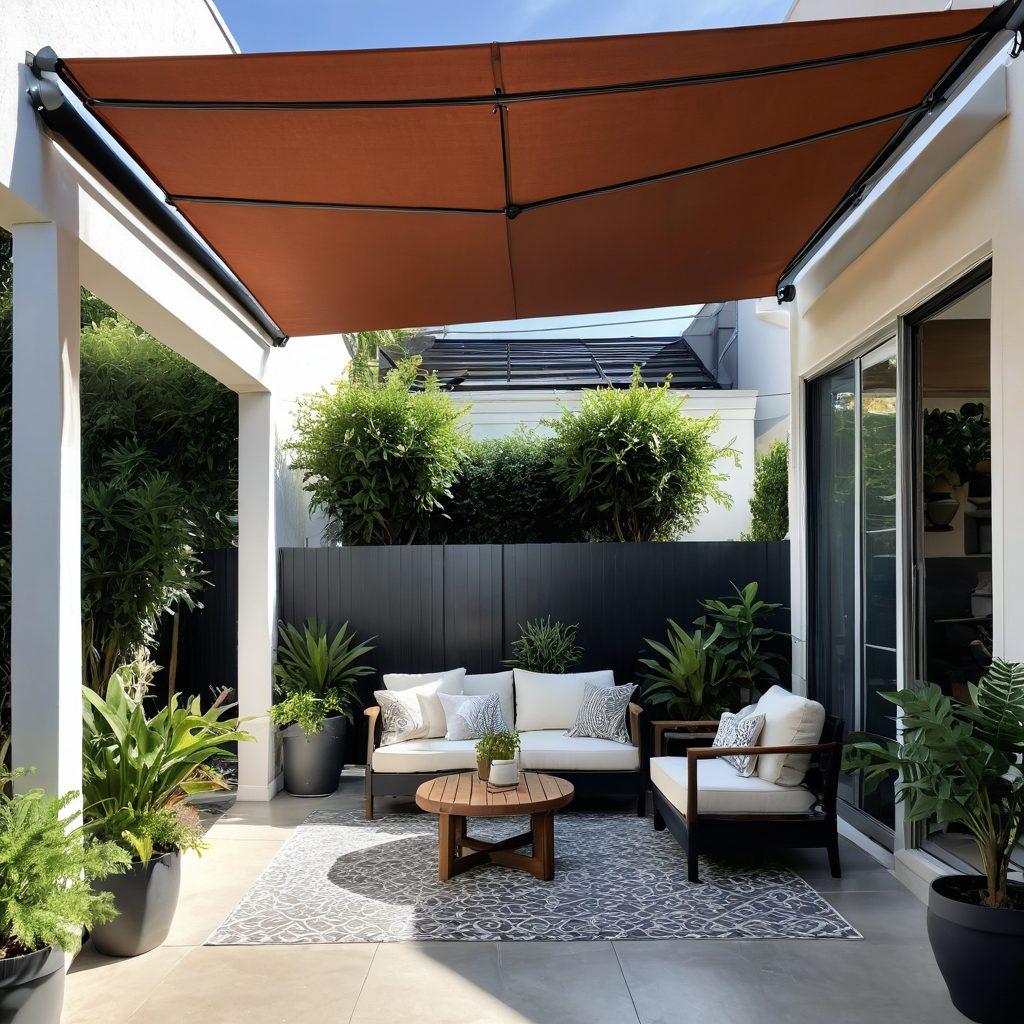 A cozy outdoor space featuring a beautifully designed custom awning providing shade over a comfortable seating area, surrounded by vibrant potted plants and a gentle breeze. Include a glimpse of raindrops hitting the ground, showcasing weather protection features such as retractable awnings and patio setups. Captivating warm sunlight filtering through the fabric of the awning, creating an inviting ambiance. super-realistic. vibrant colors. white background.
